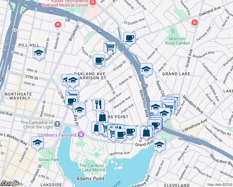 map of restaurants, bars, coffee shops, grocery stores, and more near 329 Warwick Avenue in Oakland