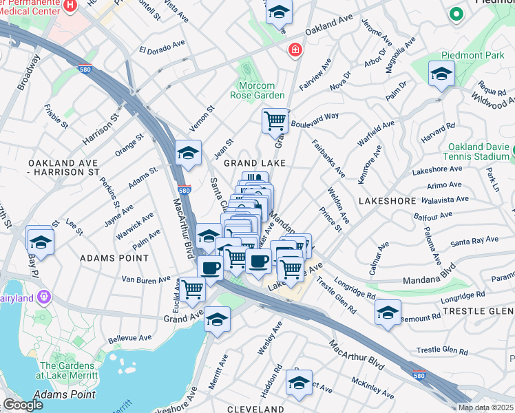 map of restaurants, bars, coffee shops, grocery stores, and more near 3415 Grand Avenue in Oakland