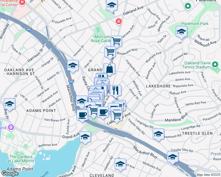 map of restaurants, bars, coffee shops, grocery stores, and more near in Oakland