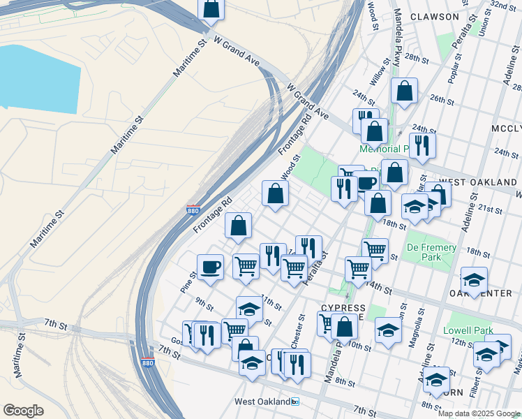 map of restaurants, bars, coffee shops, grocery stores, and more near 1513 Wood Street in Oakland