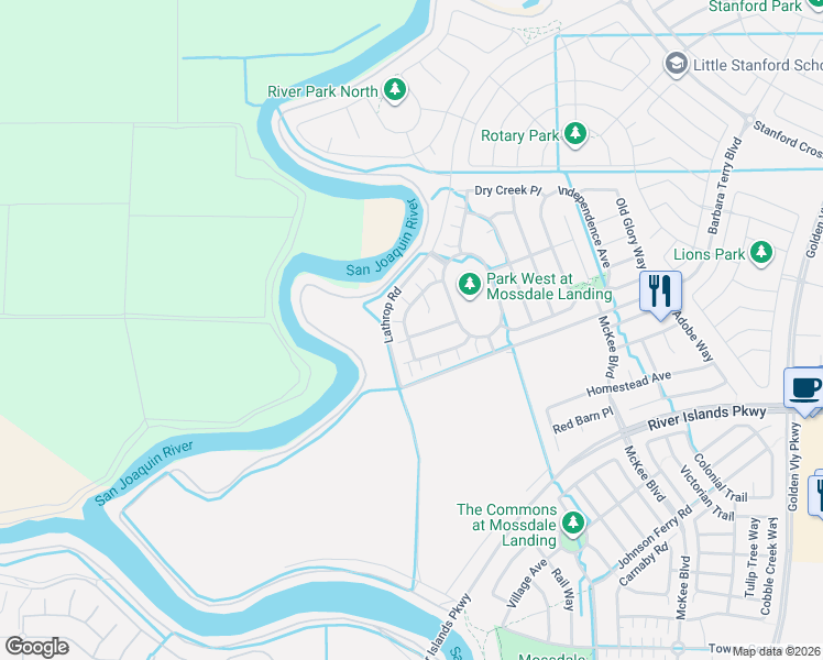 map of restaurants, bars, coffee shops, grocery stores, and more near 1143 Old Wharf Court in Lathrop