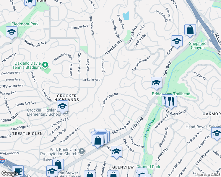 map of restaurants, bars, coffee shops, grocery stores, and more near 1749 Trestle Glen Road in Piedmont