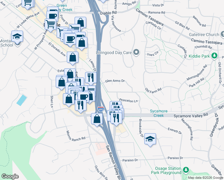 map of restaurants, bars, coffee shops, grocery stores, and more near 323 Laurel Drive in Danville
