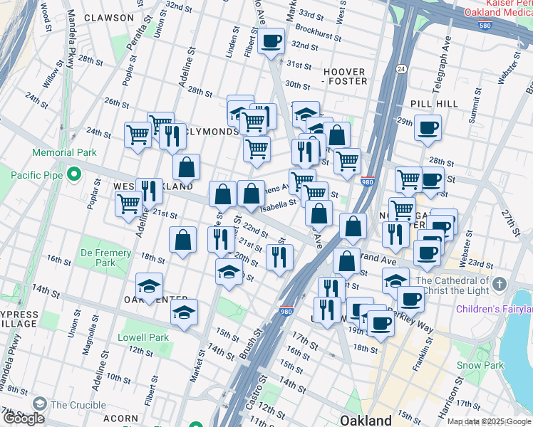 map of restaurants, bars, coffee shops, grocery stores, and more near 850 West Grand Avenue in Oakland
