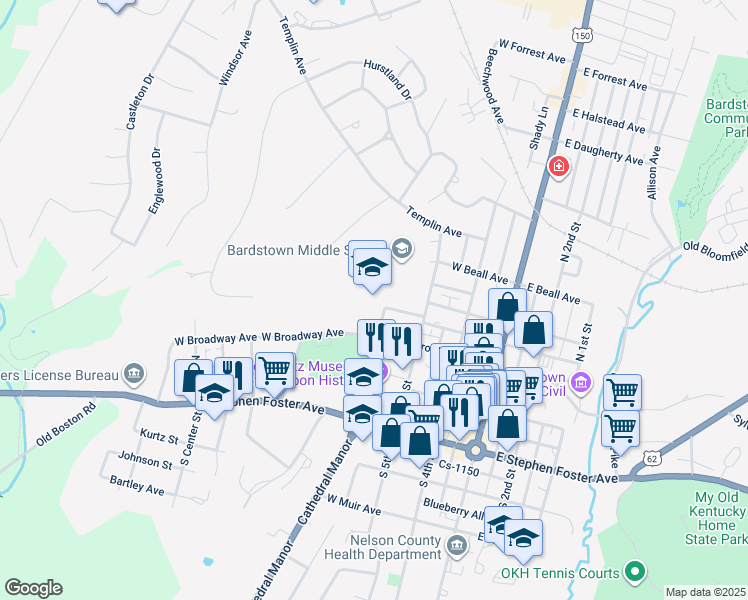 map of restaurants, bars, coffee shops, grocery stores, and more near 400 North 5th Street in Bardstown