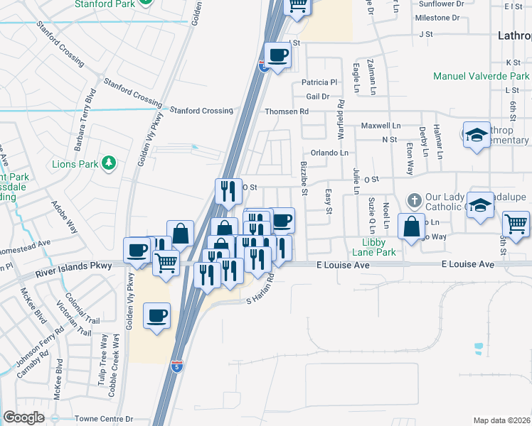 map of restaurants, bars, coffee shops, grocery stores, and more near 150 Camelback Street in Lathrop