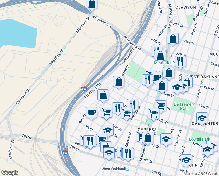 map of restaurants, bars, coffee shops, grocery stores, and more near 1514 Prescott Street in Oakland