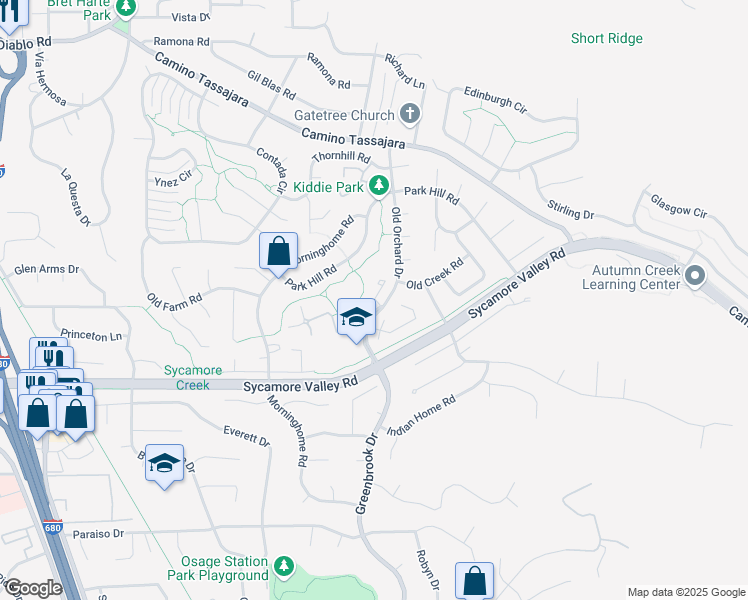 map of restaurants, bars, coffee shops, grocery stores, and more near Old Orchard Court in Danville