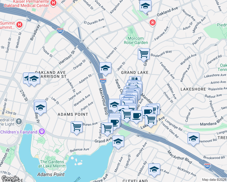 map of restaurants, bars, coffee shops, grocery stores, and more near 400 Crescent Street in Oakland