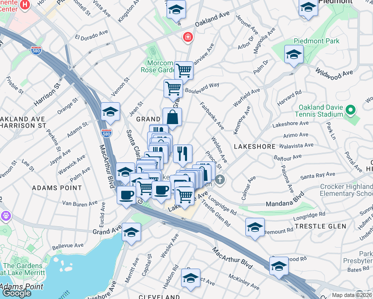 map of restaurants, bars, coffee shops, grocery stores, and more near 848 Vermont Street in Oakland
