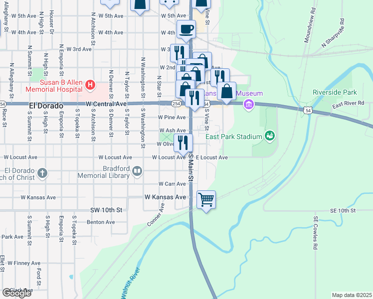 map of restaurants, bars, coffee shops, grocery stores, and more near 411 South Main Street in El Dorado