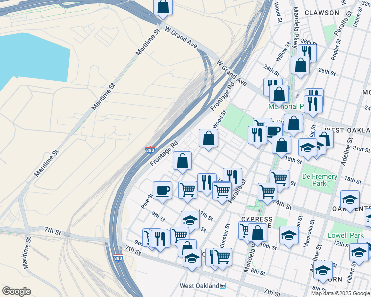 map of restaurants, bars, coffee shops, grocery stores, and more near 1423 Prescott Street in Oakland