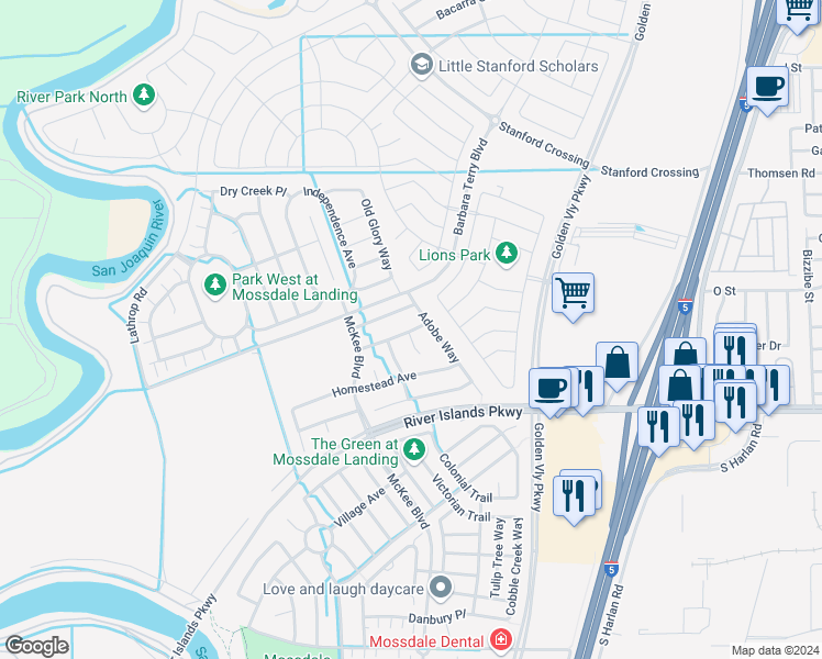 map of restaurants, bars, coffee shops, grocery stores, and more near 627 Stage Coach Drive in Lathrop