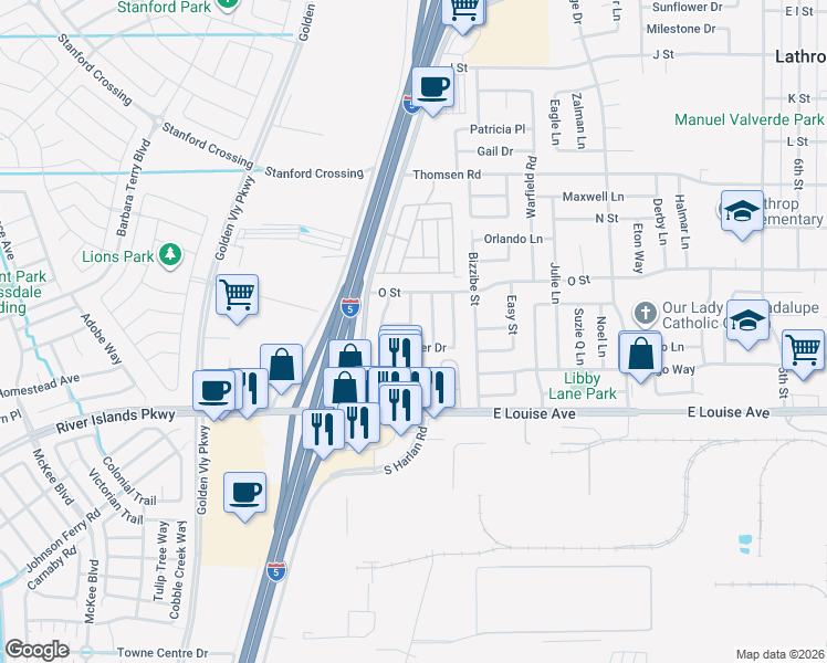 map of restaurants, bars, coffee shops, grocery stores, and more near 150 Camelback Street in Lathrop