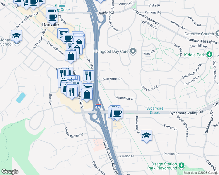 map of restaurants, bars, coffee shops, grocery stores, and more near 323 Laurel Drive in Danville