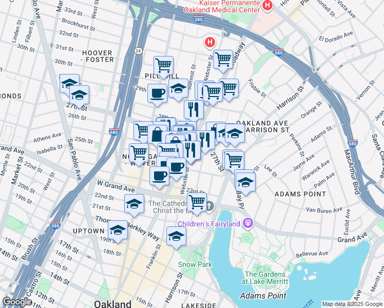 map of restaurants, bars, coffee shops, grocery stores, and more near 2619 Broadway in Oakland