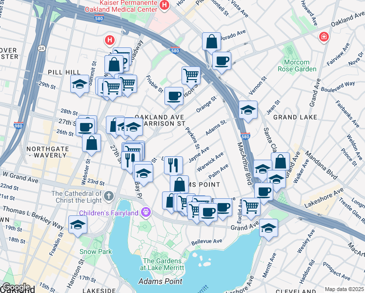 map of restaurants, bars, coffee shops, grocery stores, and more near 303 Adams Street in Oakland