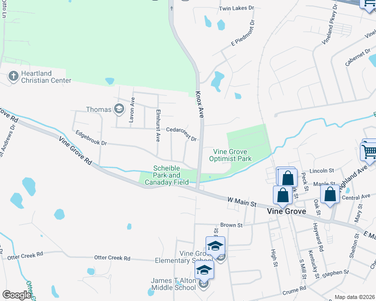 map of restaurants, bars, coffee shops, grocery stores, and more near 308 Glenwood Drive in Vine Grove