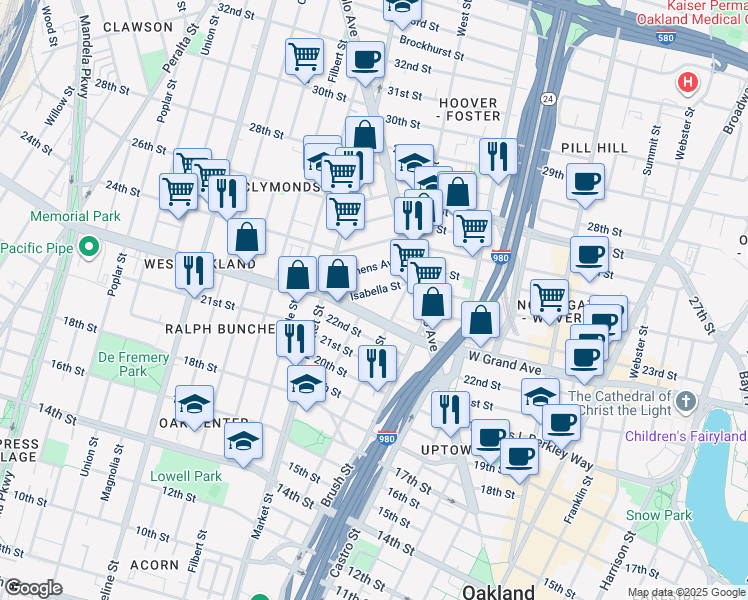 map of restaurants, bars, coffee shops, grocery stores, and more near 863 Athens Avenue in Oakland
