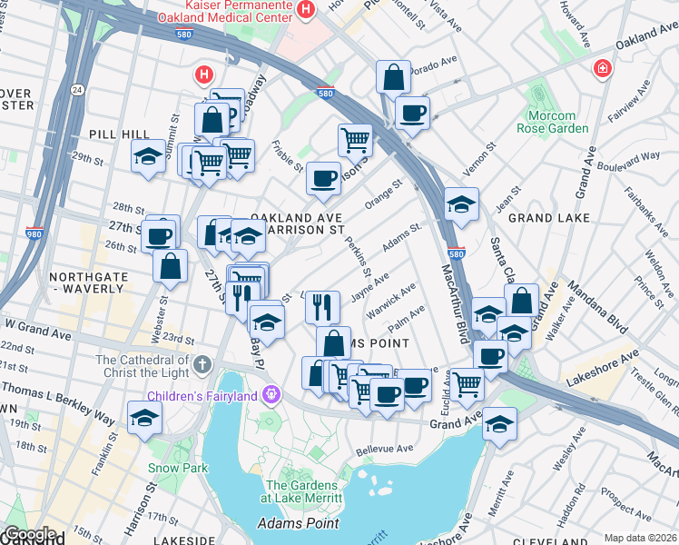 map of restaurants, bars, coffee shops, grocery stores, and more near 303 Adams Street in Oakland