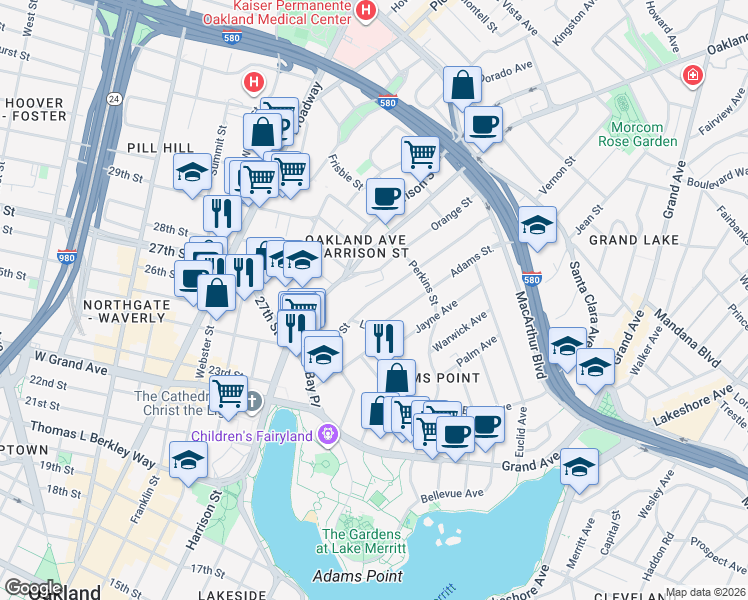 map of restaurants, bars, coffee shops, grocery stores, and more near 216 Orange Street in Oakland