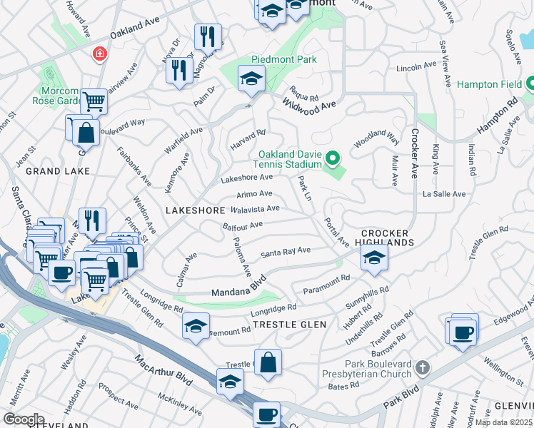 map of restaurants, bars, coffee shops, grocery stores, and more near 719 Walavista Avenue in Oakland