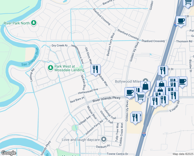 map of restaurants, bars, coffee shops, grocery stores, and more near 627 Stage Coach Drive in Lathrop