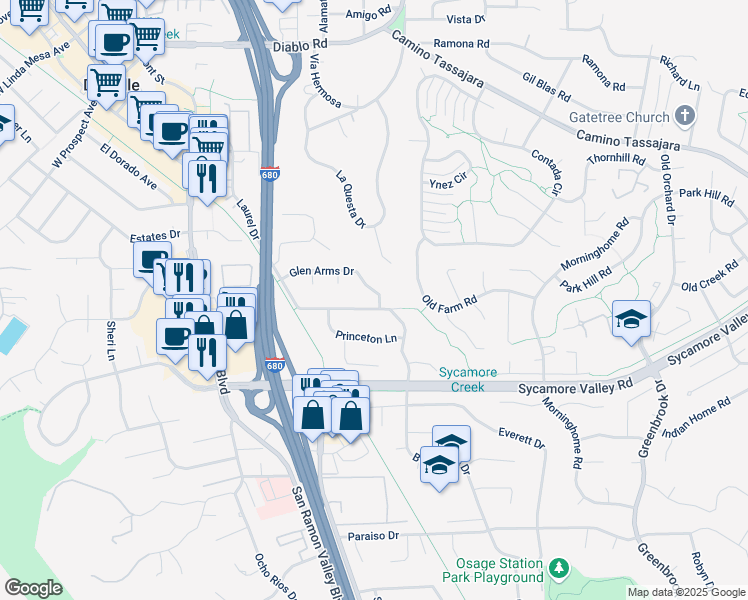 map of restaurants, bars, coffee shops, grocery stores, and more near 373 Glen Arms Drive in Danville