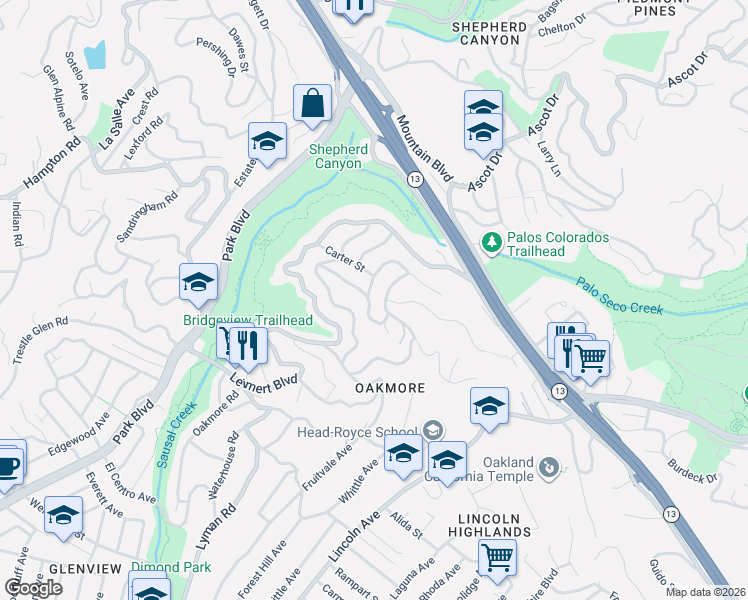 map of restaurants, bars, coffee shops, grocery stores, and more near 1817 Rosecrest Drive in Oakland