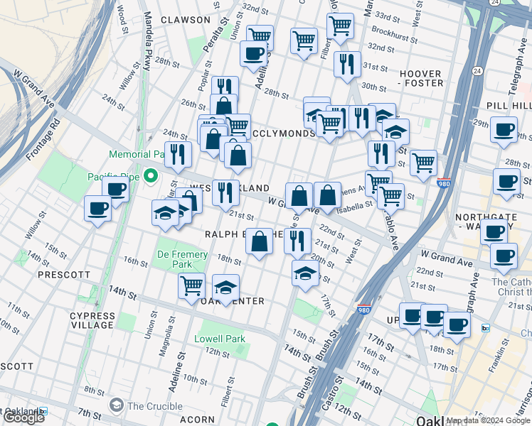 map of restaurants, bars, coffee shops, grocery stores, and more near 2 Linden Street in Oakland