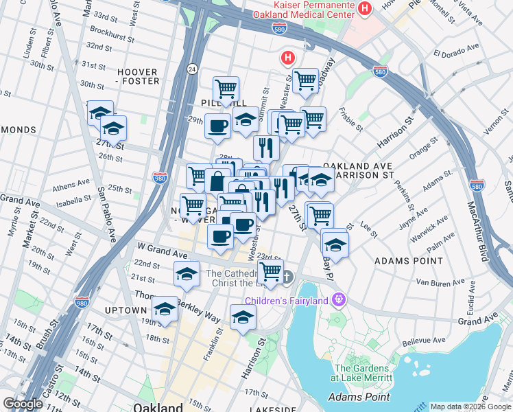 map of restaurants, bars, coffee shops, grocery stores, and more near Webster Street in Oakland