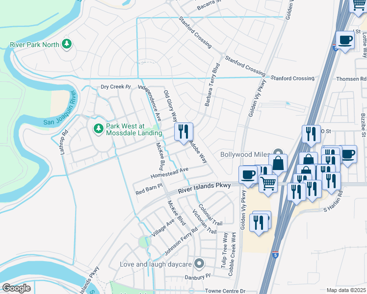 map of restaurants, bars, coffee shops, grocery stores, and more near 627 Stage Coach Drive in Lathrop