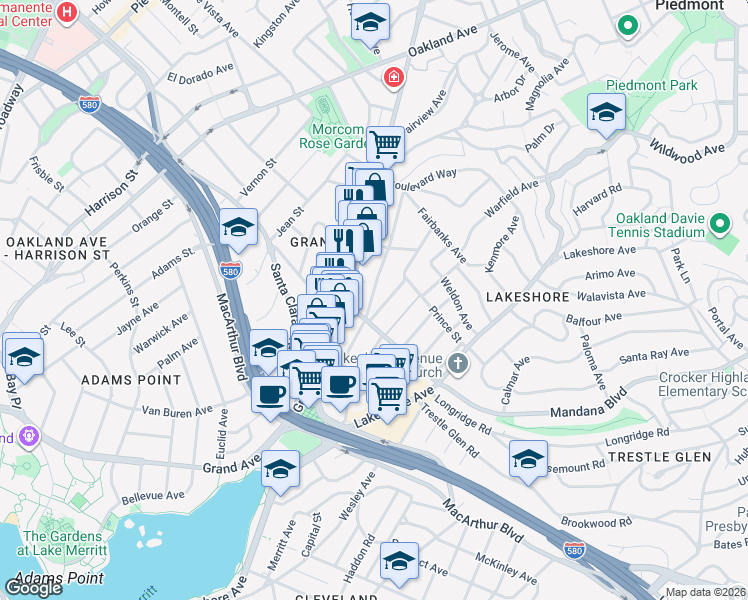 map of restaurants, bars, coffee shops, grocery stores, and more near 832 Walker Avenue in Oakland