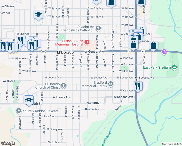 map of restaurants, bars, coffee shops, grocery stores, and more near 312 South Atchison Street in El Dorado
