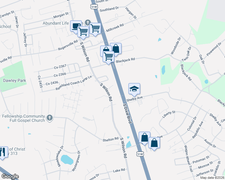 map of restaurants, bars, coffee shops, grocery stores, and more near 2038 South Wilson Road in Radcliff