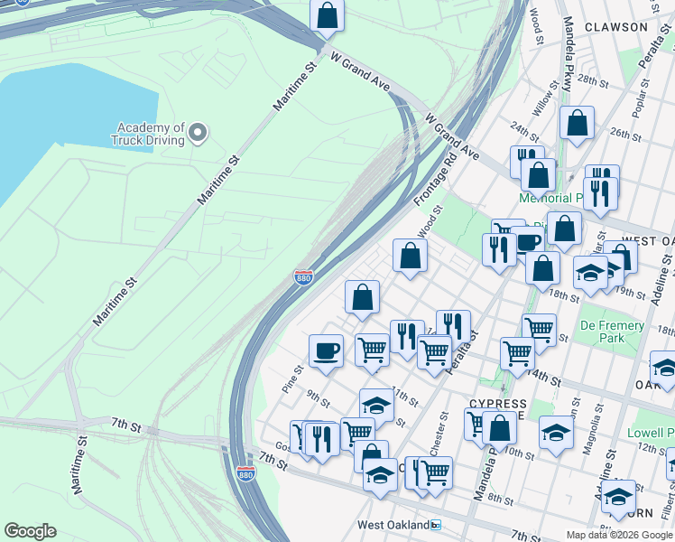 map of restaurants, bars, coffee shops, grocery stores, and more near 14th St & Frontage Rd in Oakland