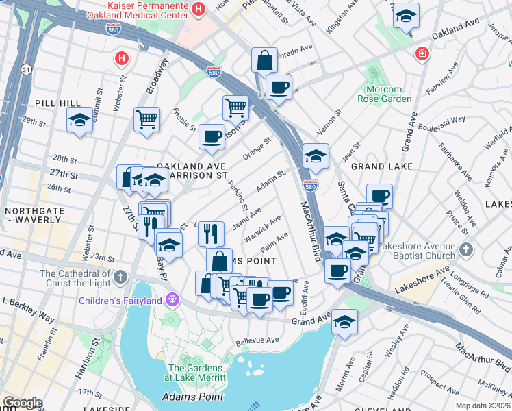 map of restaurants, bars, coffee shops, grocery stores, and more near 375 Jayne Avenue in Oakland