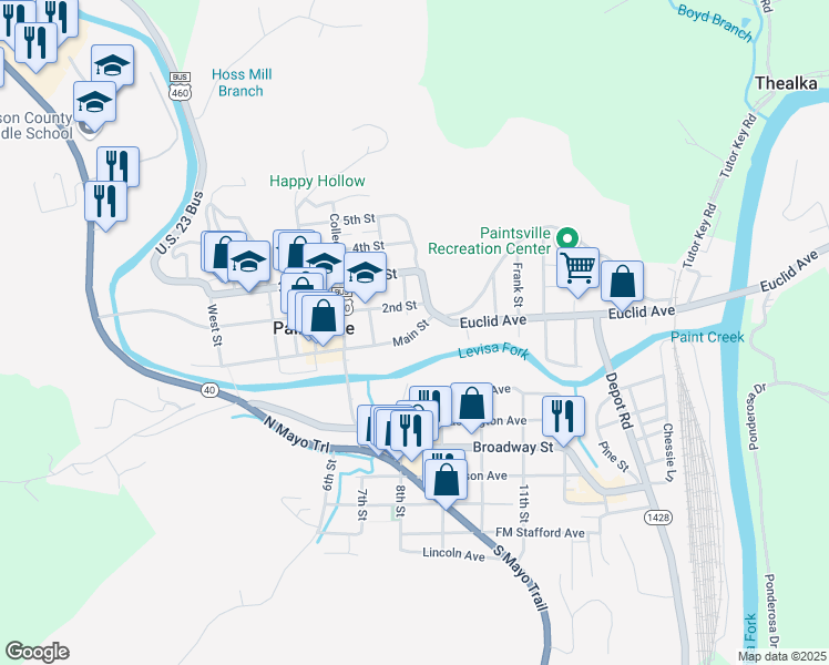map of restaurants, bars, coffee shops, grocery stores, and more near 139 Main Street in Paintsville
