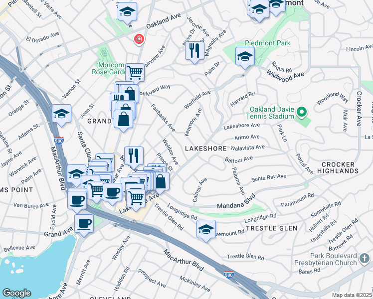 map of restaurants, bars, coffee shops, grocery stores, and more near 576 Kenmore Avenue in Oakland