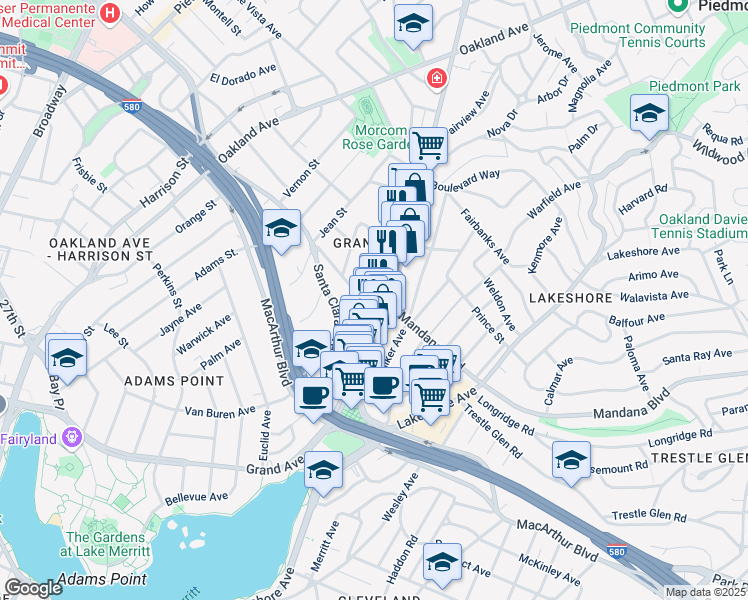 map of restaurants, bars, coffee shops, grocery stores, and more near 521 Valle Vista Avenue in Oakland
