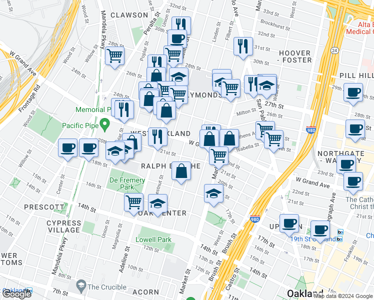 map of restaurants, bars, coffee shops, grocery stores, and more near in Oakland