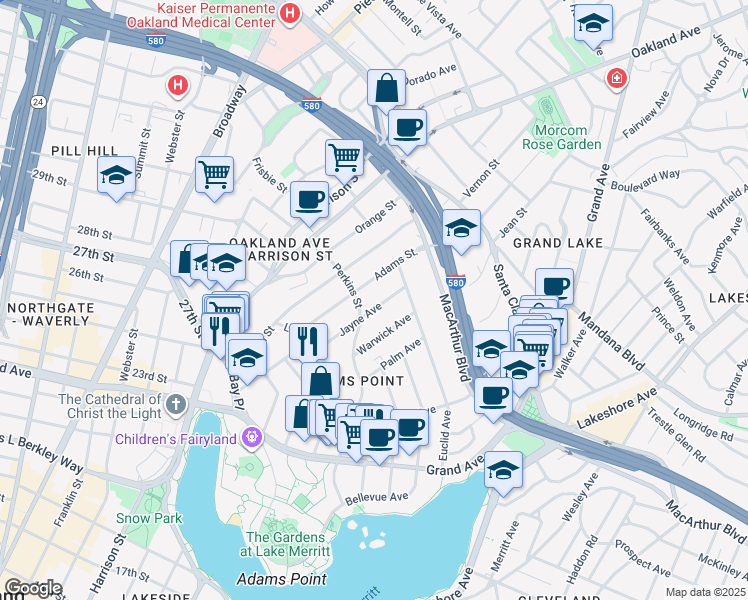 map of restaurants, bars, coffee shops, grocery stores, and more near 375 Jayne Avenue in Oakland