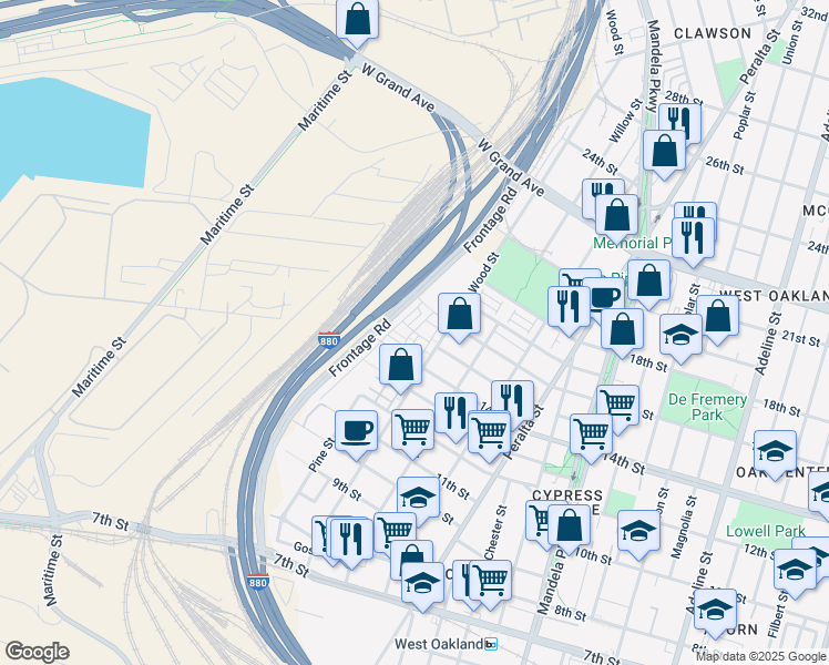 map of restaurants, bars, coffee shops, grocery stores, and more near 1514 Prescott Street in Oakland