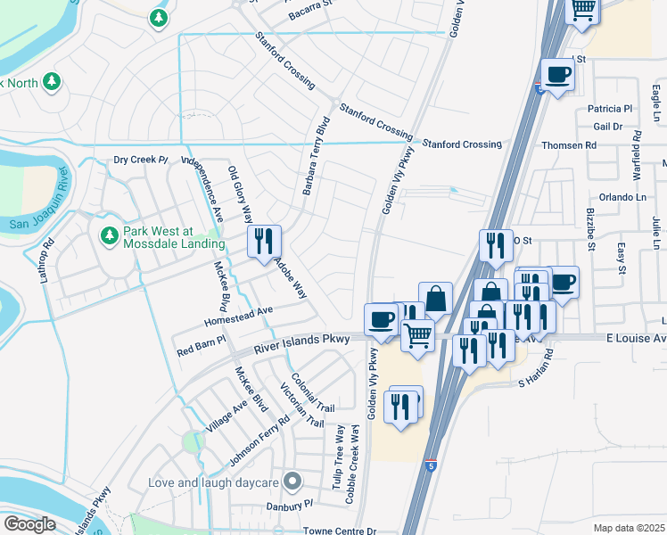 map of restaurants, bars, coffee shops, grocery stores, and more near 16080 Barbara Terry Boulevard in Lathrop