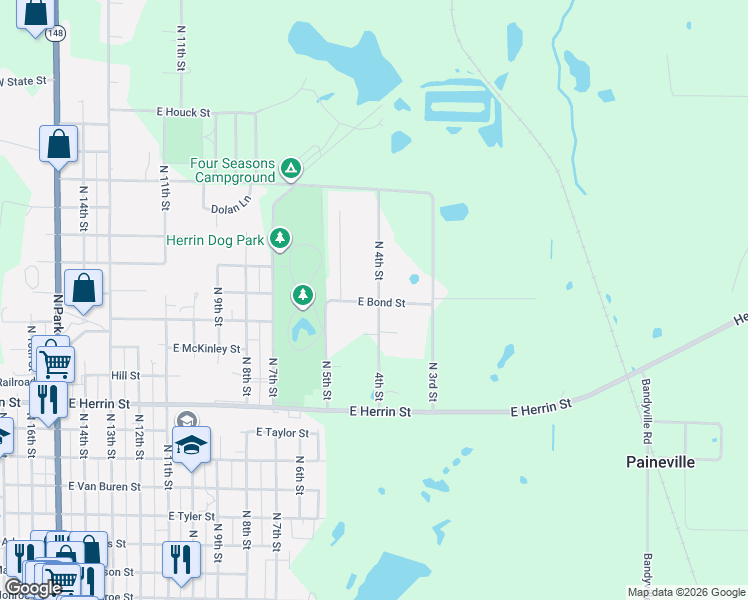 map of restaurants, bars, coffee shops, grocery stores, and more near 1301-1499 4th Street in Herrin
