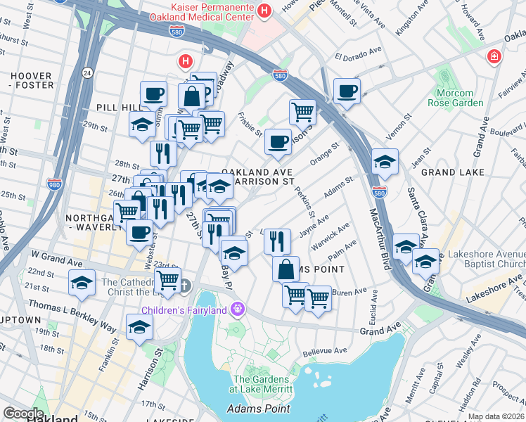 map of restaurants, bars, coffee shops, grocery stores, and more near 265 Vernon Street in Oakland