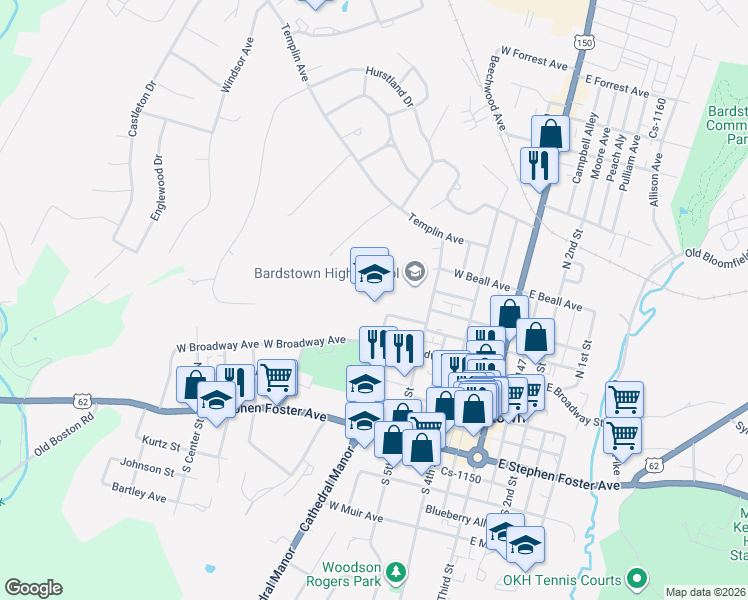 map of restaurants, bars, coffee shops, grocery stores, and more near 400 North 5th Street in Bardstown