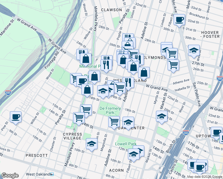 map of restaurants, bars, coffee shops, grocery stores, and more near 1940 Union Street in Oakland