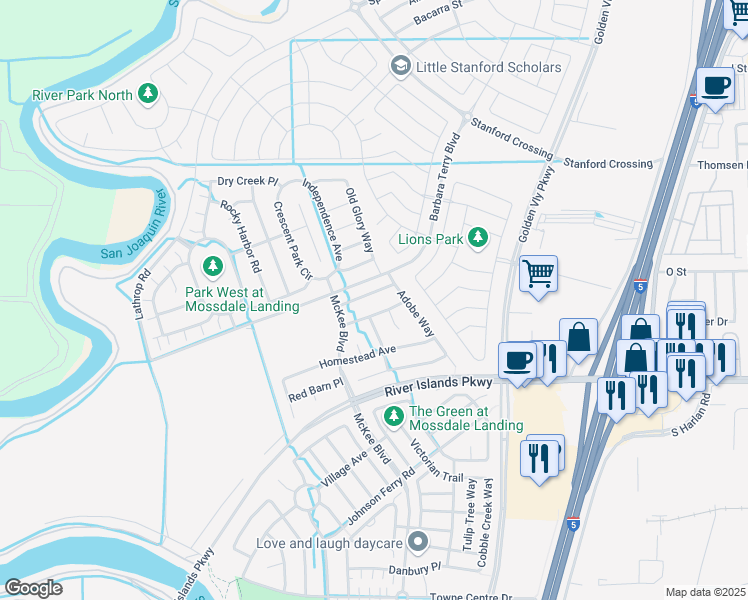 map of restaurants, bars, coffee shops, grocery stores, and more near 652 Pioneer Avenue in Lathrop