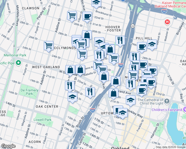 map of restaurants, bars, coffee shops, grocery stores, and more near 826 Isabella Street in Oakland